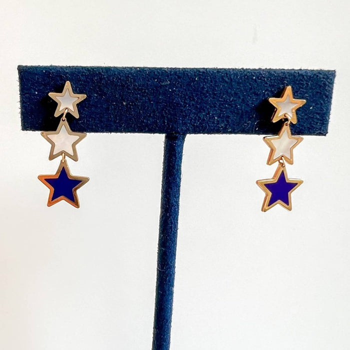 14K Yellow Gold Mother Of Pearl and Lapis Lazuli Star Dangle Earrings