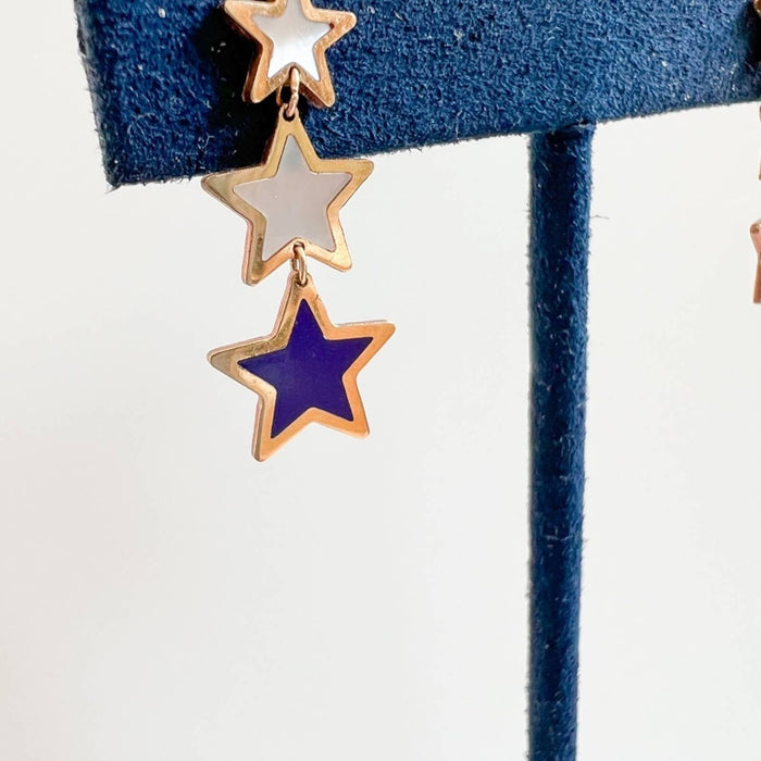 14K Yellow Gold Mother Of Pearl and Lapis Lazuli Star Dangle Earrings