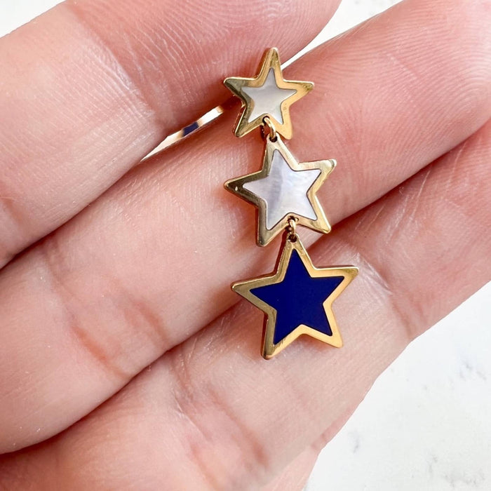 14K Yellow Gold Mother Of Pearl and Lapis Lazuli Star Dangle Earrings