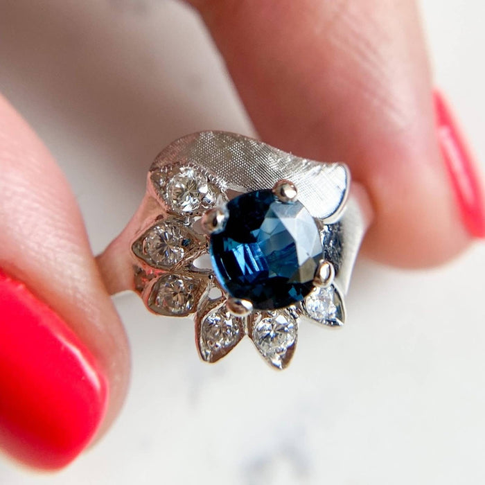 14K White Gold Blue Sapphire And Diamond Vintage Ring