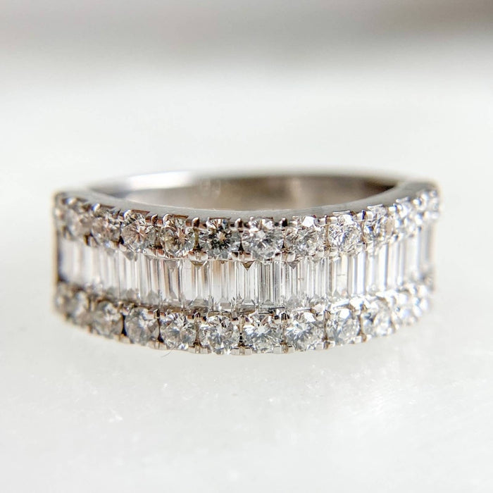 14K White Gold Baguette and Round Diamond Band