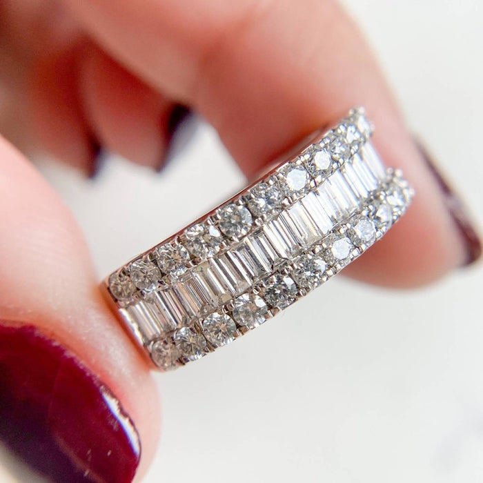 14K White Gold Baguette and Round Diamond Band