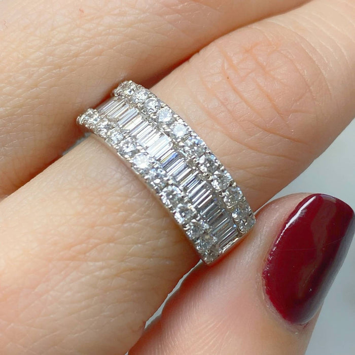 14K White Gold Baguette and Round Diamond Band