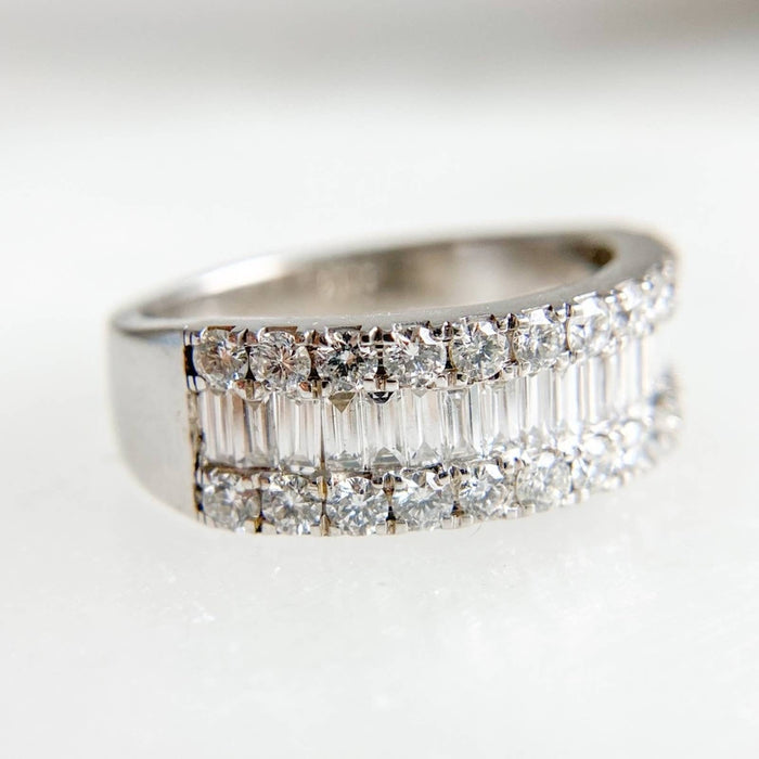 14K White Gold Baguette and Round Diamond Band