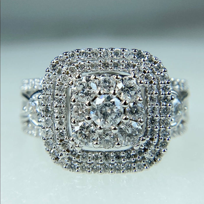 14K White Gold Diamond Double Cushion Frame Multi-Row Engagement Ring