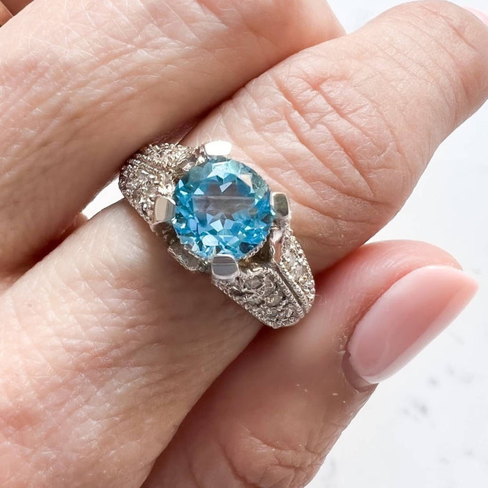 14K White Vintage Style Blue Topaz and Diamond Ring