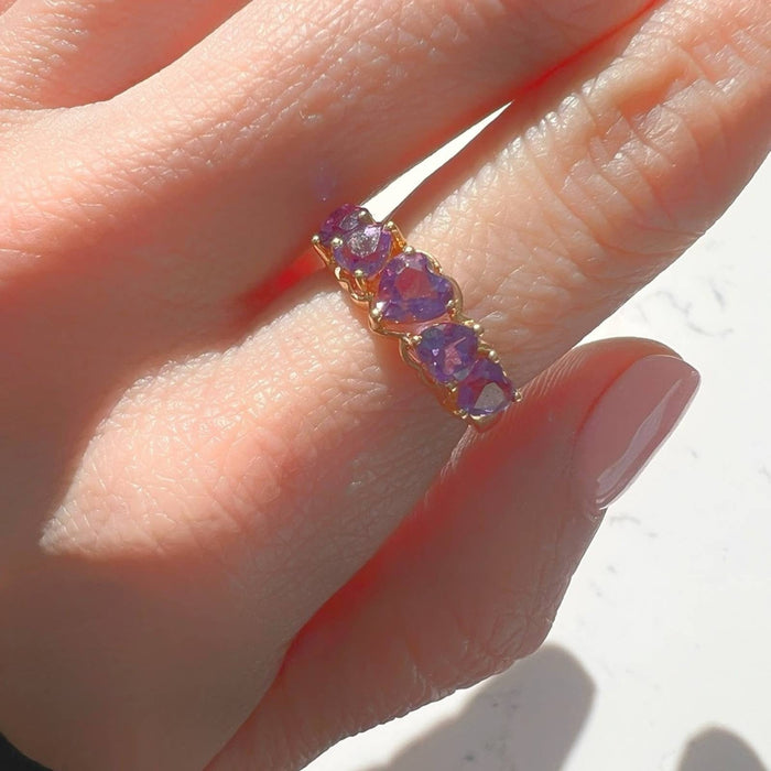 14k Yellow Gold Multi Heart Amethyst Ring