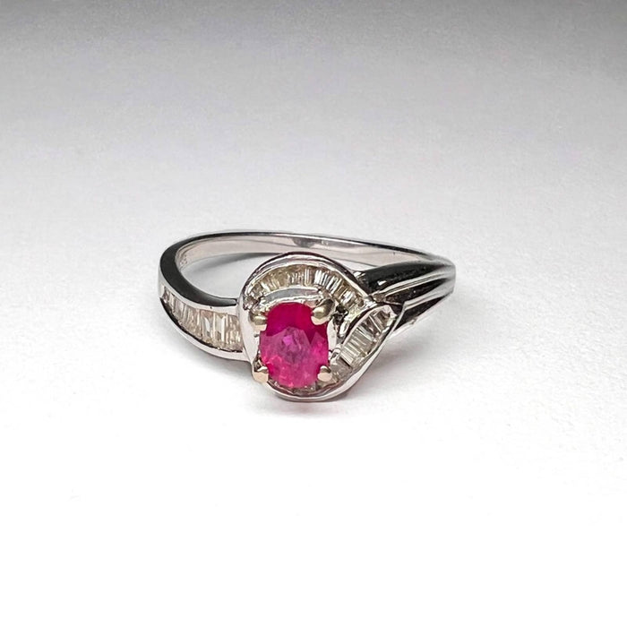 14k White Gold Ruby and Halo Baguette Diamond Cluster Ring