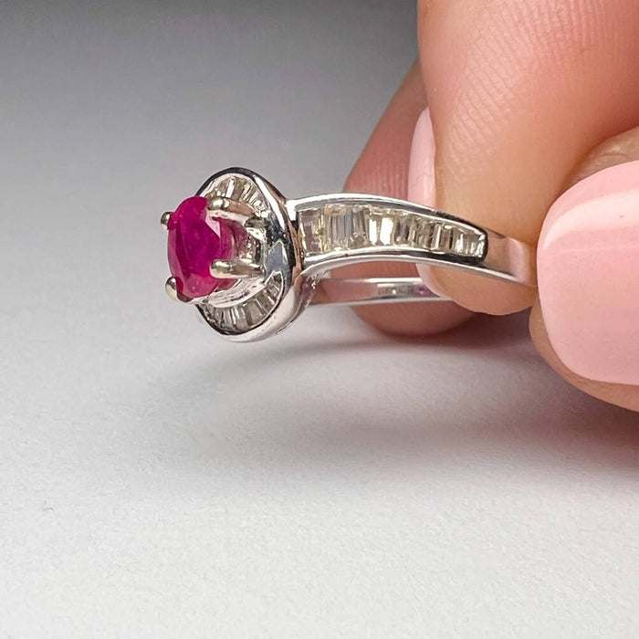 14k White Gold Ruby and Halo Baguette Diamond Cluster Ring