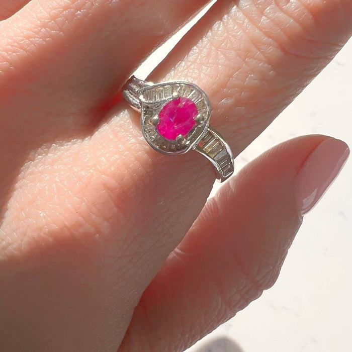 14k White Gold Ruby and Halo Baguette Diamond Cluster Ring