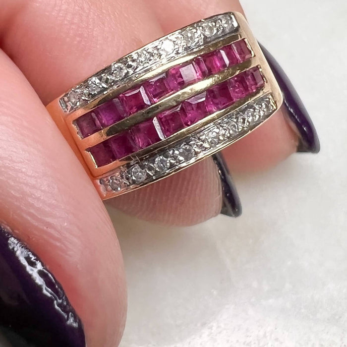 14k Yellow Gold Princess Cut Ruby And Diamond Band Ring