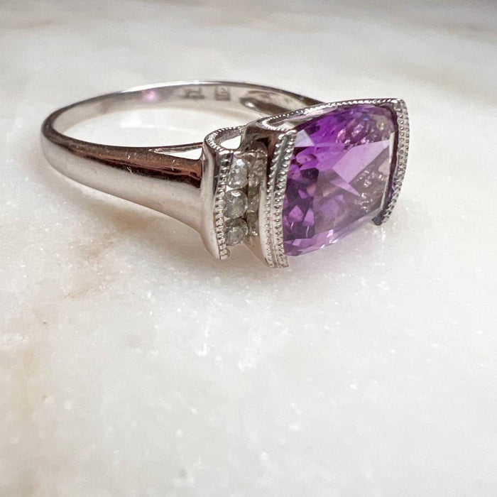 14K White Gold Cushing Amethyst East-West Emerald Cut And Diamond Ring