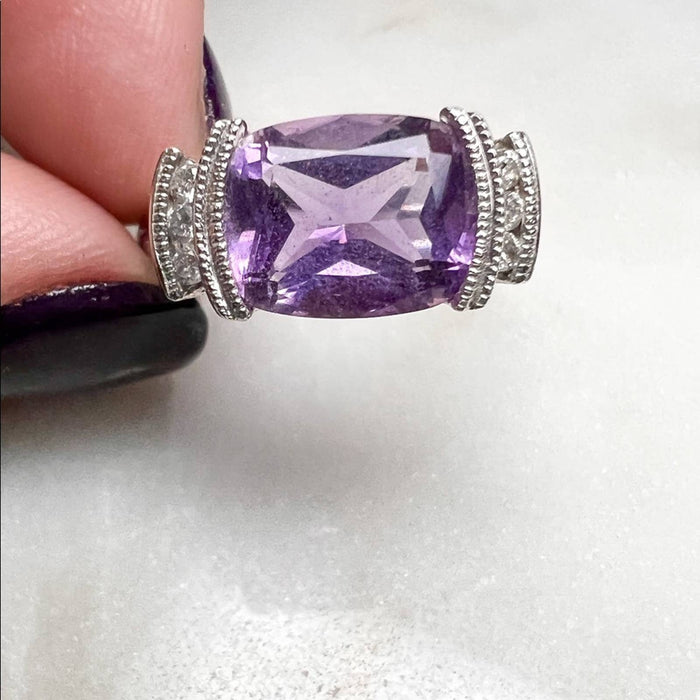 14K White Gold Cushing Amethyst East-West Emerald Cut And Diamond Ring