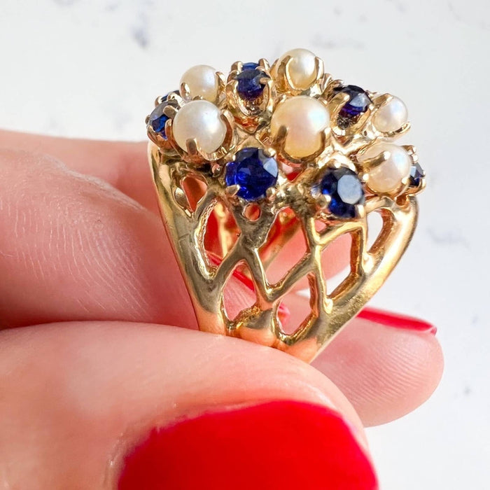 1950's 14K Gold Sapphire and Culture Pearl Ring