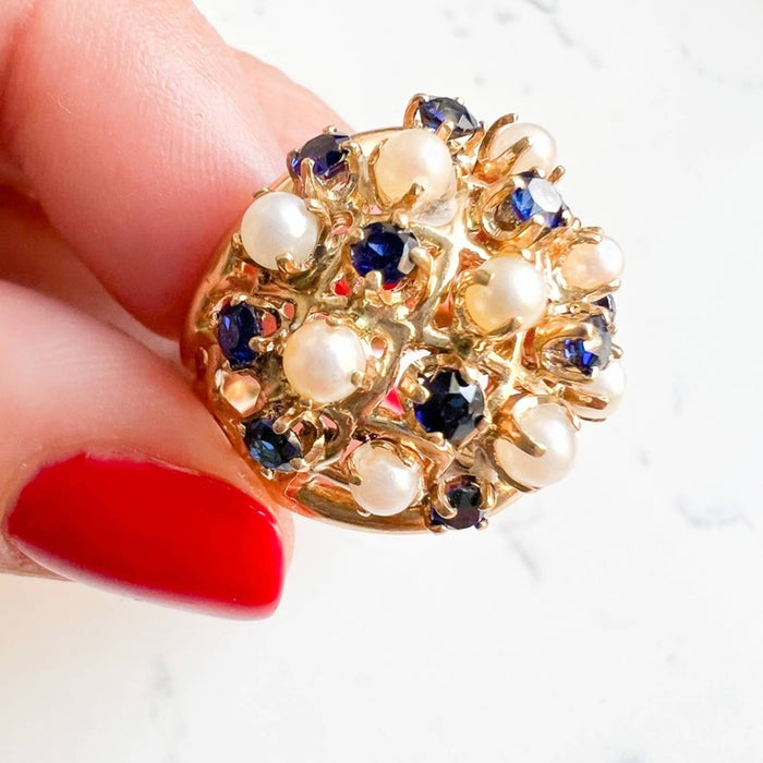 1950's 14K Gold Sapphire and Culture Pearl Ring