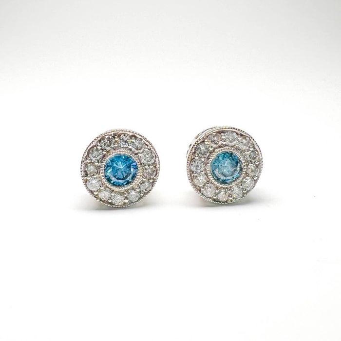 14K White Gold Blue Diamond Vintage Stud Earrings