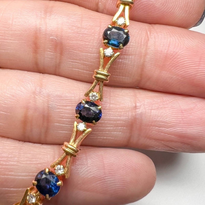 18K Yellow Gold Blue Sapphire And Diamond Vintage Bracelet