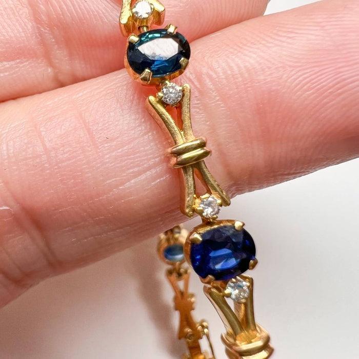 18K Yellow Gold Blue Sapphire And Diamond Vintage Bracelet