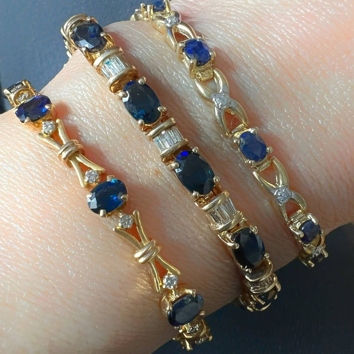 18K Yellow Gold Blue Sapphire And Diamond Vintage Bracelet