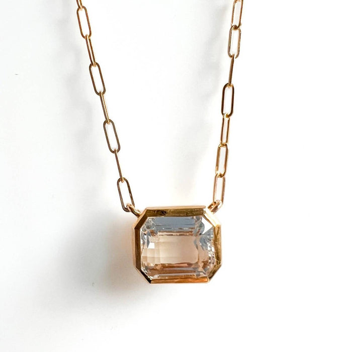 14K Yellow Gold White Topaz Emerald Cut East West Pendant Necklace