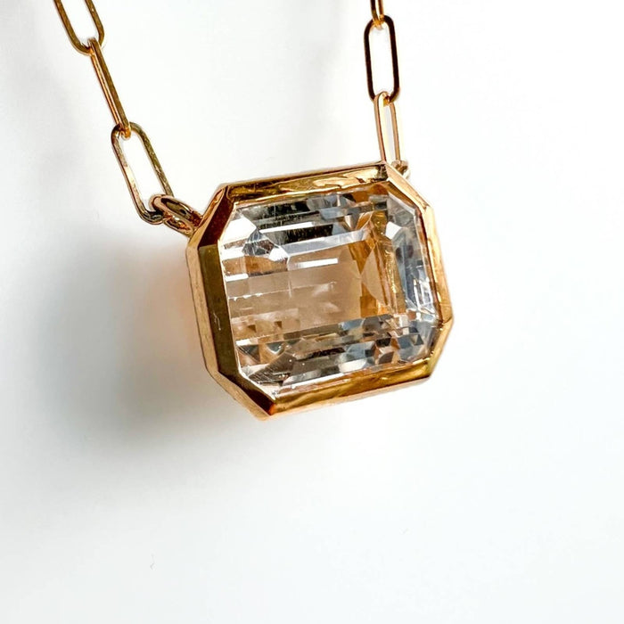 14K Yellow Gold White Topaz Emerald Cut East West Pendant Necklace