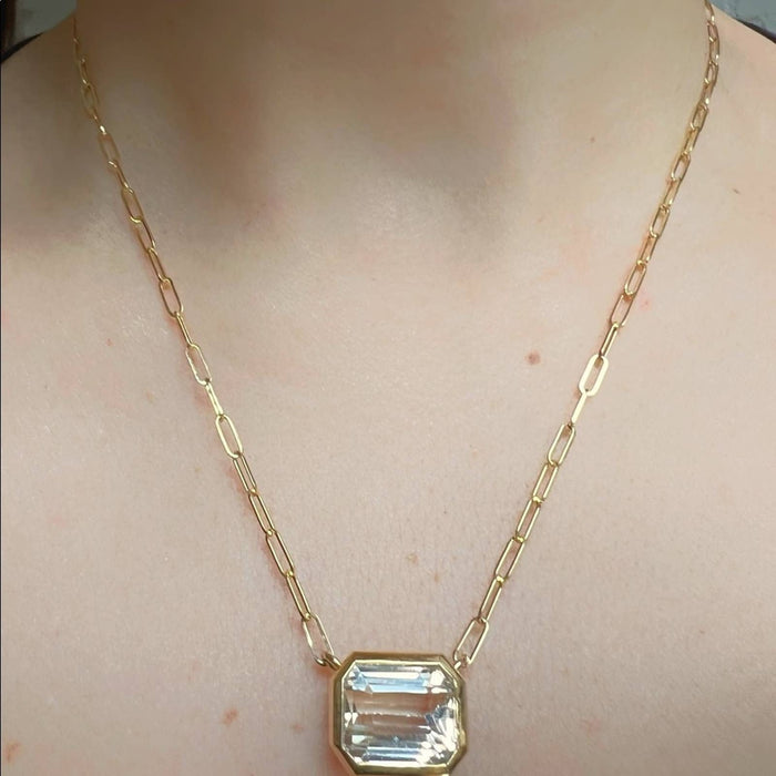 14K Yellow Gold White Topaz Emerald Cut East West Pendant Necklace