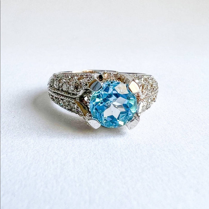 14K White Vintage Style Blue Topaz and Diamond Ring