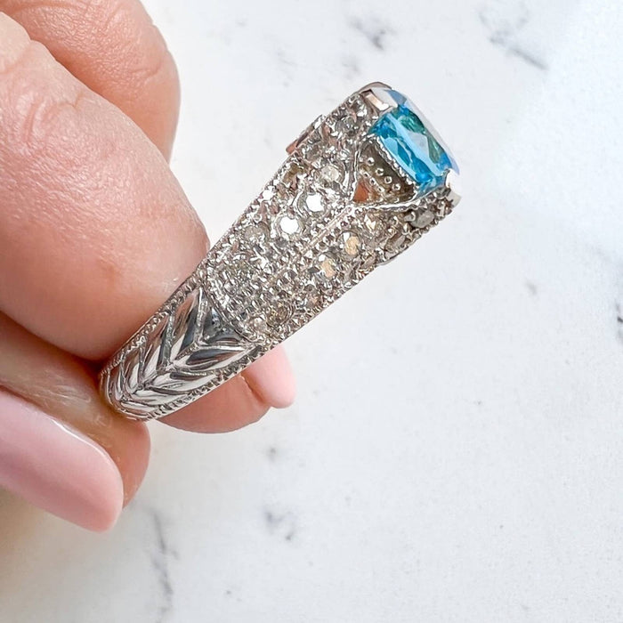 14K White Vintage Style Blue Topaz and Diamond Ring