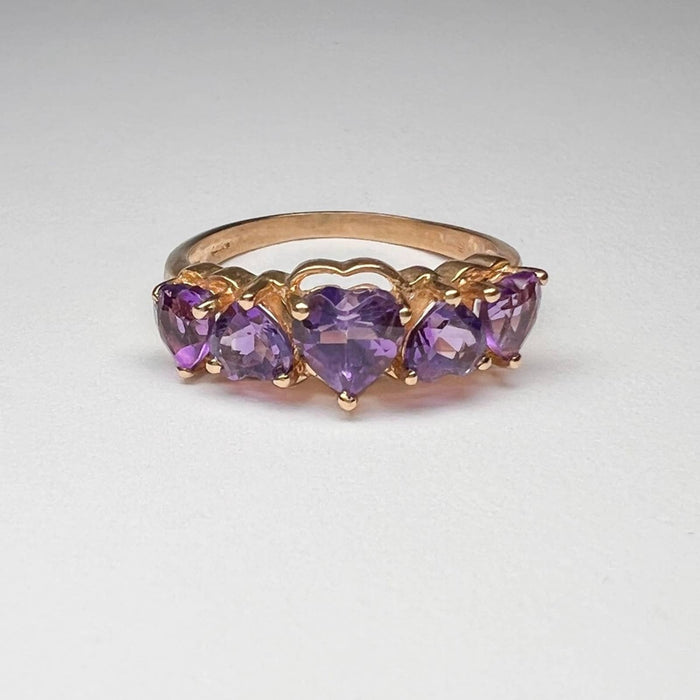 14k Yellow Gold Multi Heart Amethyst Ring