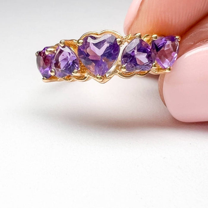 14k Yellow Gold Multi Heart Amethyst Ring