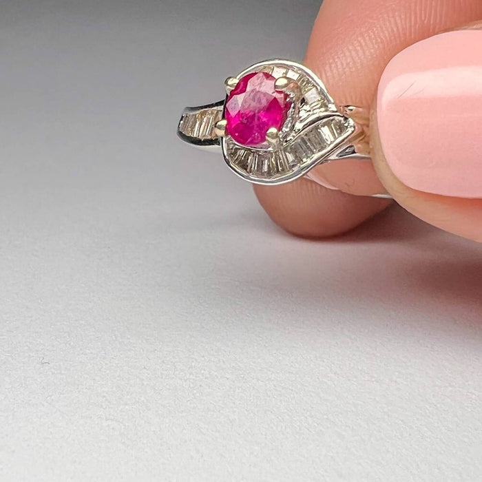 14k White Gold Ruby and Halo Baguette Diamond Cluster Ring