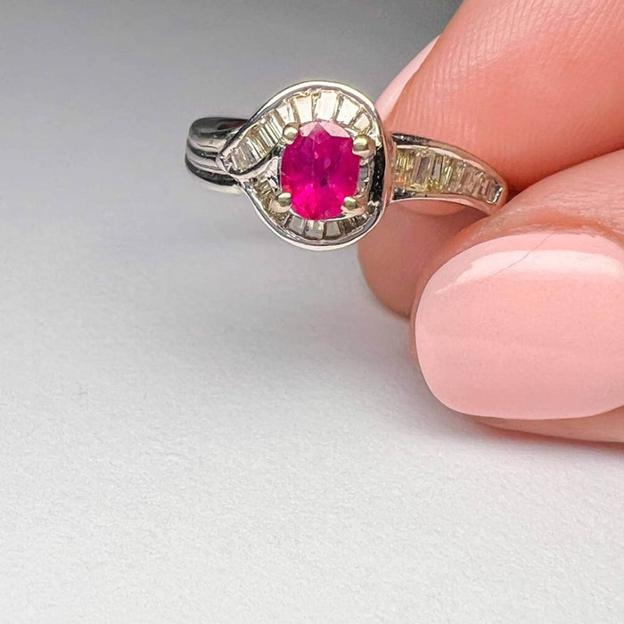 14k White Gold Ruby and Halo Baguette Diamond Cluster Ring