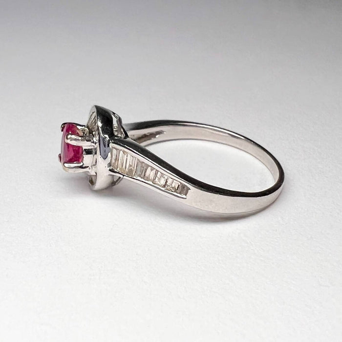 14k White Gold Ruby and Halo Baguette Diamond Cluster Ring