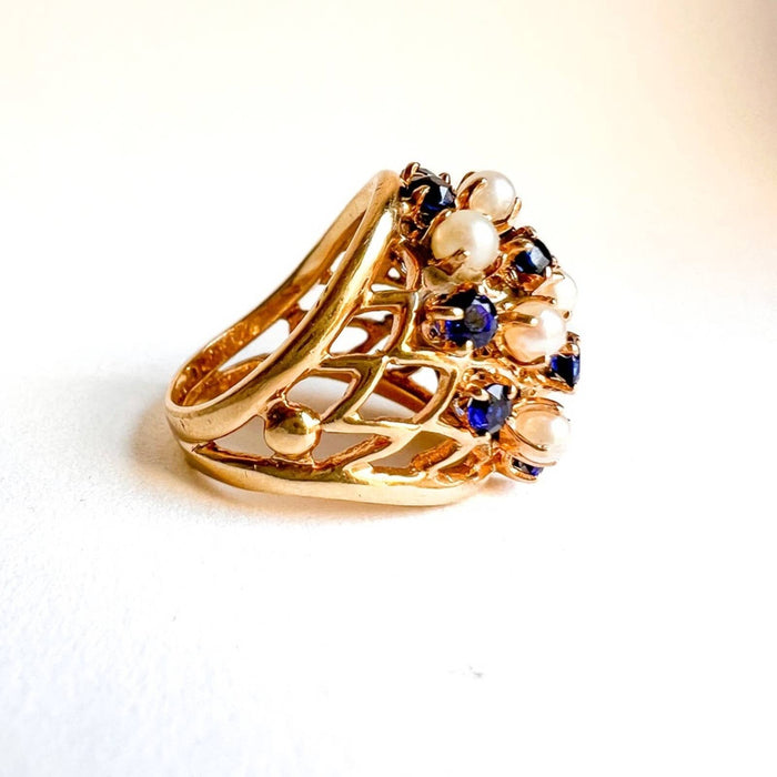 1950's 14K Gold Sapphire and Culture Pearl Ring