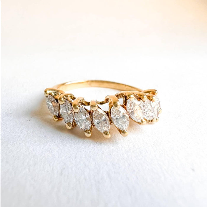 14K Yellow Gold Marquise Cut Diamond Half Band Wave Gold Ring