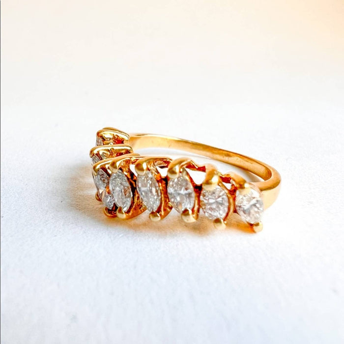 14K Yellow Gold Marquise Cut Diamond Half Band Wave Gold Ring