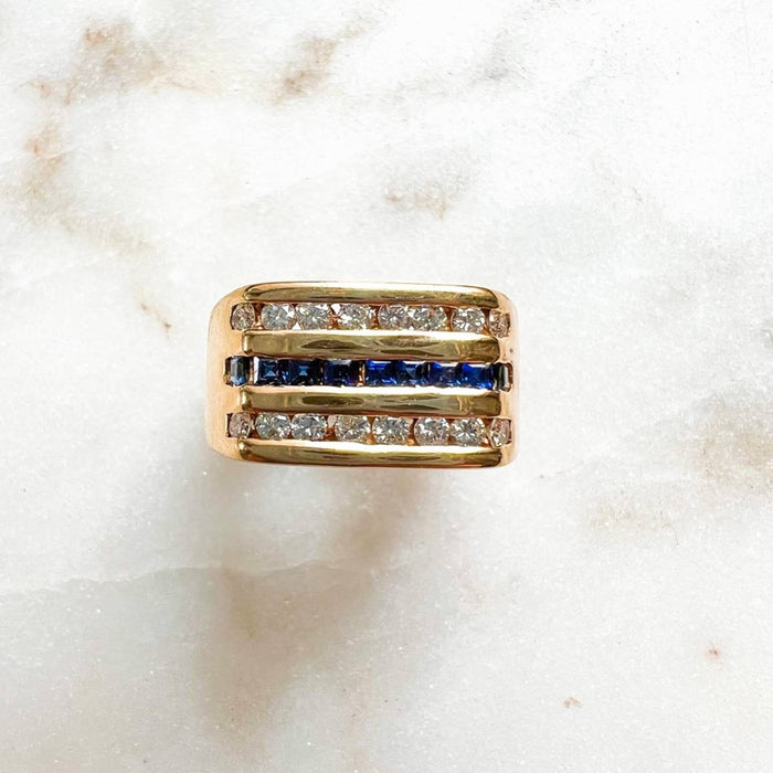 14K Yellow Unisex Princess Square Cut Blue Sapphire and Diamond Ring