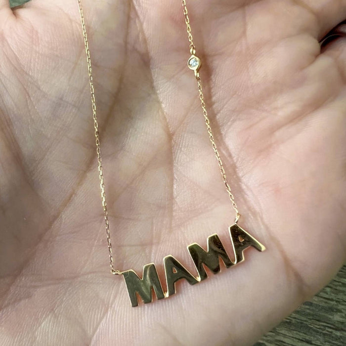 14K Yellow Gold Mama Necklace with Bezel Set Diamond