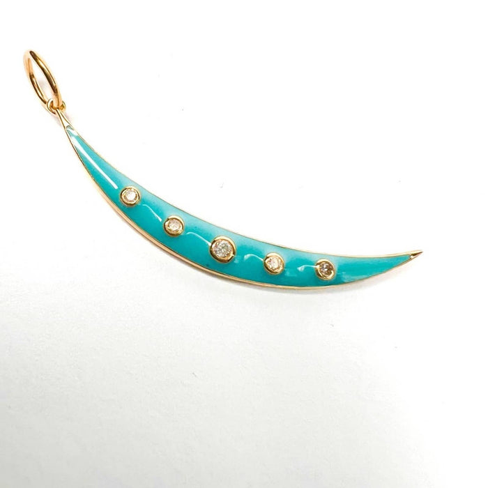 14K Yellow Gold Enamel and Diamonds Crescent Moon Charm Pendant