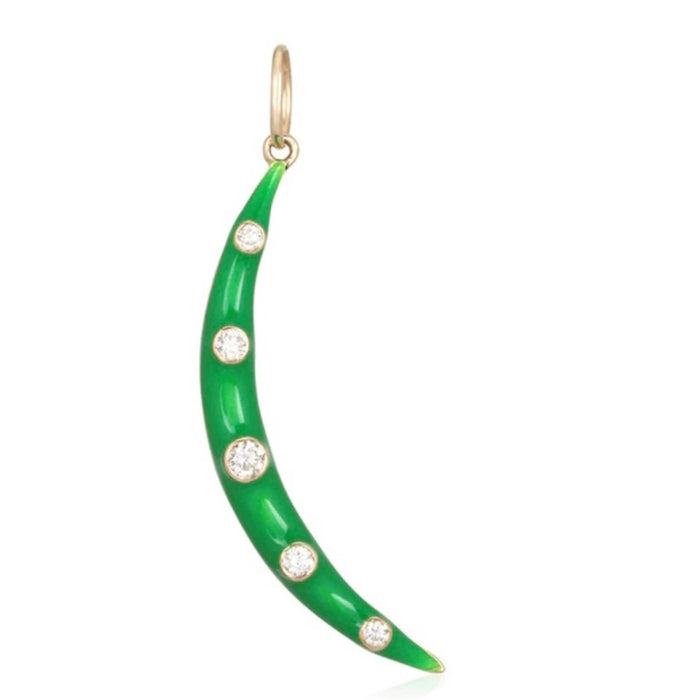 14K Yellow Gold Enamel and Diamonds Crescent Moon Charm Pendant