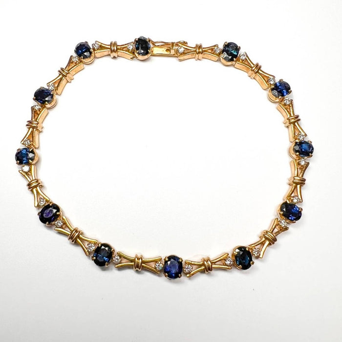 18K Yellow Gold Blue Sapphire And Diamond Vintage Bracelet