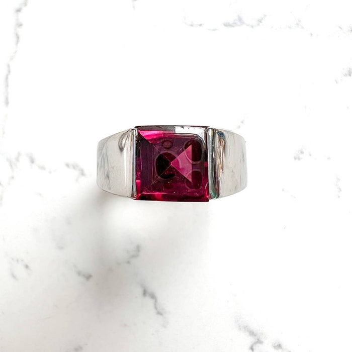 Princess Cut Pink Tourmaline Tank Ring in 18K Yellow Gold