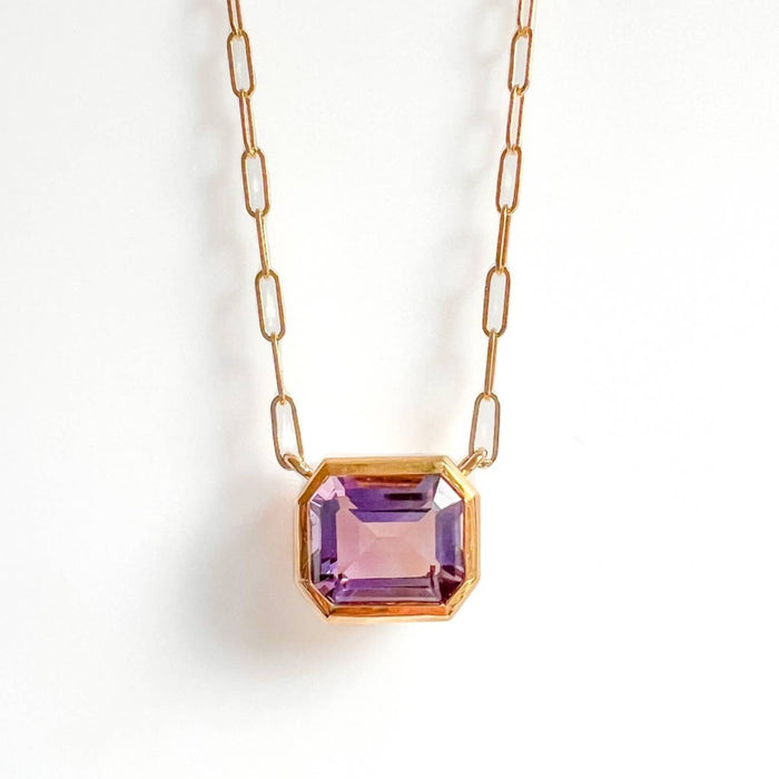 14K Yellow Gold Amethyst Or Rose de France Emerald Cut East West Pendant Necklace