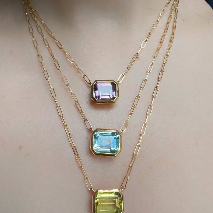 14K Yellow Gold Amethyst Or Rose de France Emerald Cut East West Pendant Necklace