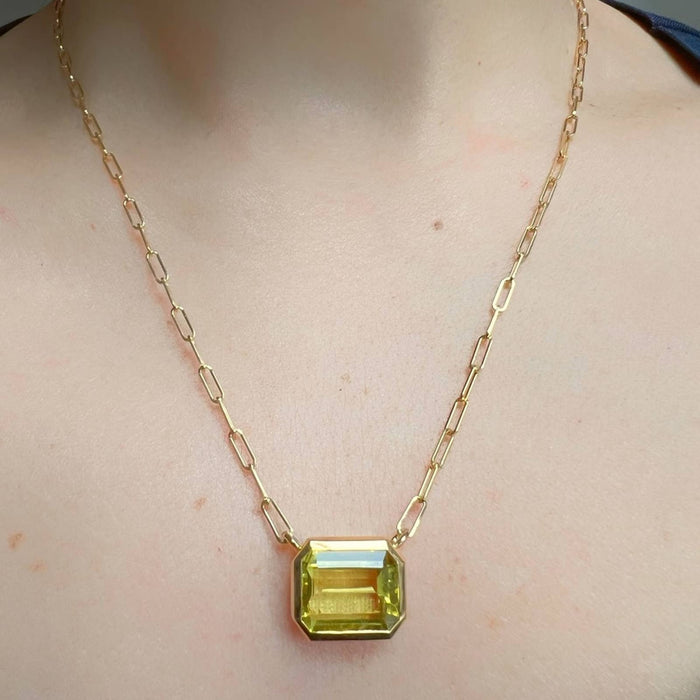 14K Yellow Gold Lemon Topaz Emerald Cut East West Pendant Necklace * Gold Lemon Topaz Necklace * Luxury Jewelry