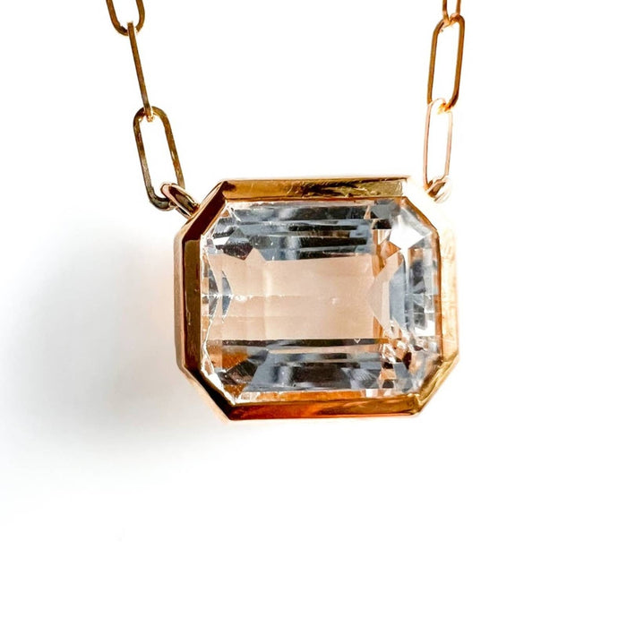 14K Yellow Gold White Topaz Emerald Cut East West Pendant Necklace