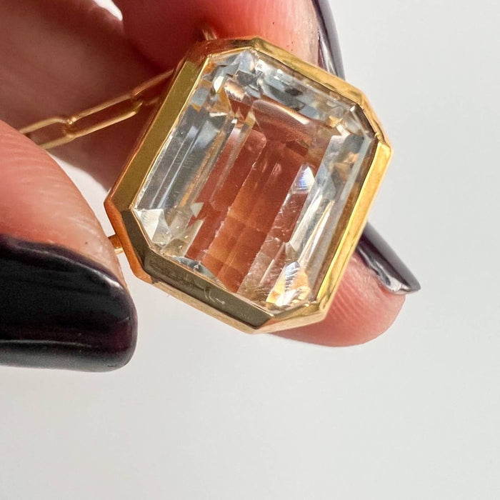 14K Yellow Gold White Topaz Emerald Cut East West Pendant Necklace