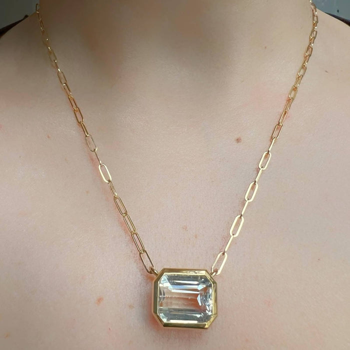 14K Yellow Gold White Topaz Emerald Cut East West Pendant Necklace