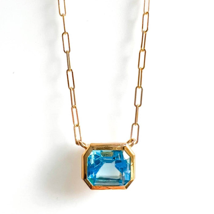 14K Yellow Gold Swiss Blue Topaz Emerald Cut East West Pendant Necklace