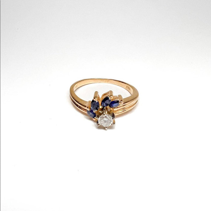 14K Yellow Gold Diamond and Blue Sapphire Vintage Ring